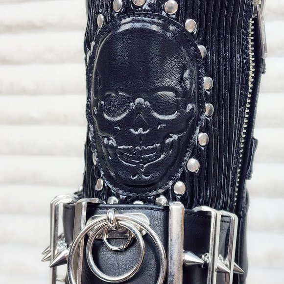 Stud & Skull Patch Black Matte Bear 150 Platform Ankle Boots Goth Punk Rave - Picture 14 of 15